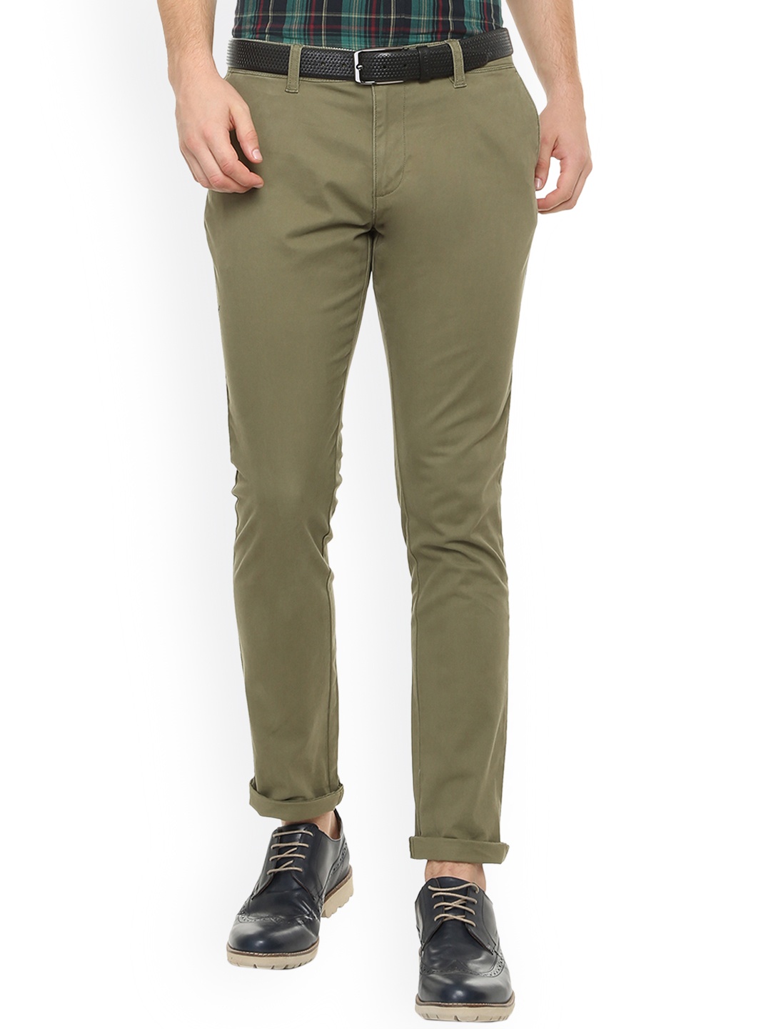 

People Men Olive Green Slim Fit Solid Regular Trousers