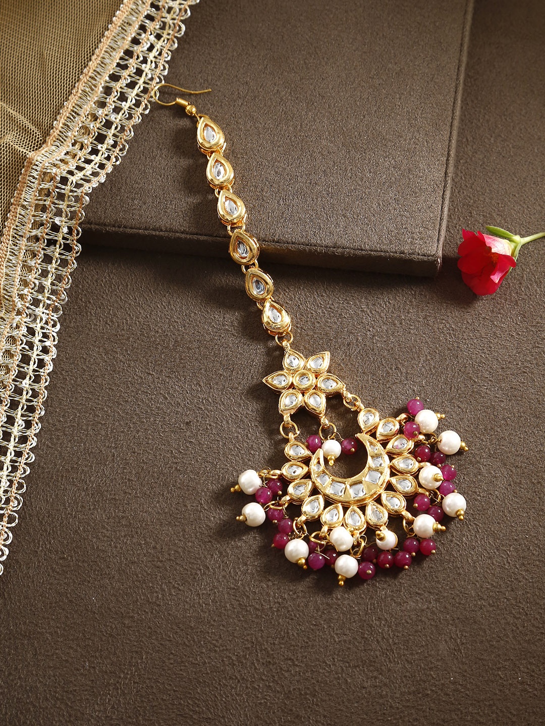 Bamboo Tree Jewels Pink Hair Kundan Maang Tika