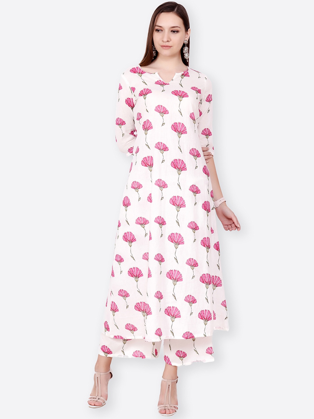 SCORPIUS Women Off-White & Pink Printed Kurti with Palazzos