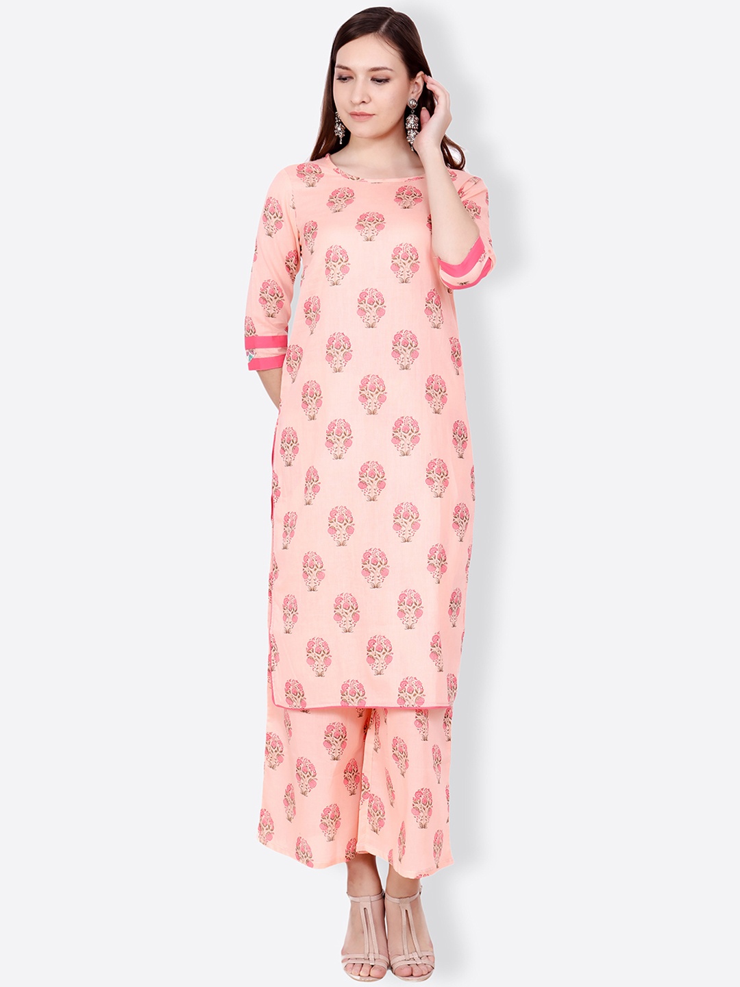 SCORPIUS Women Peach-Coloured Floral Print Straight Kurta