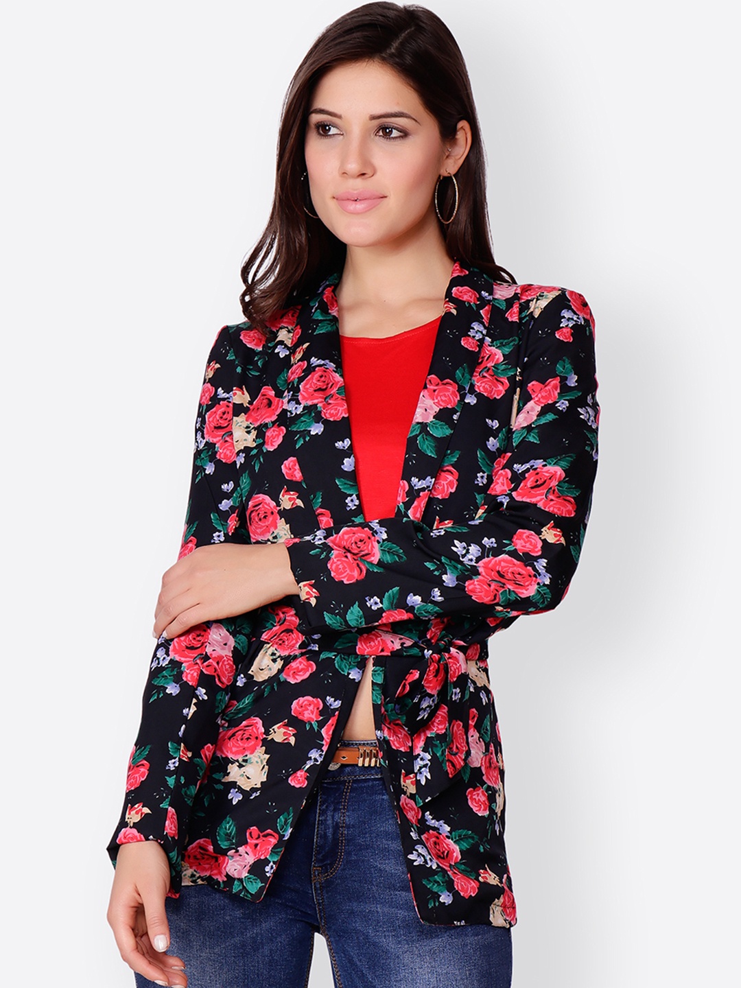 

SCORPIUS Women Black & Pink Printed Open Front Shrug