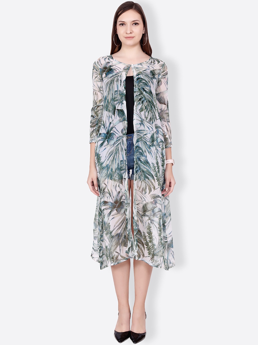 

SCORPIUS Women Off-White & Blue Semi-Sheer Longline Shrug