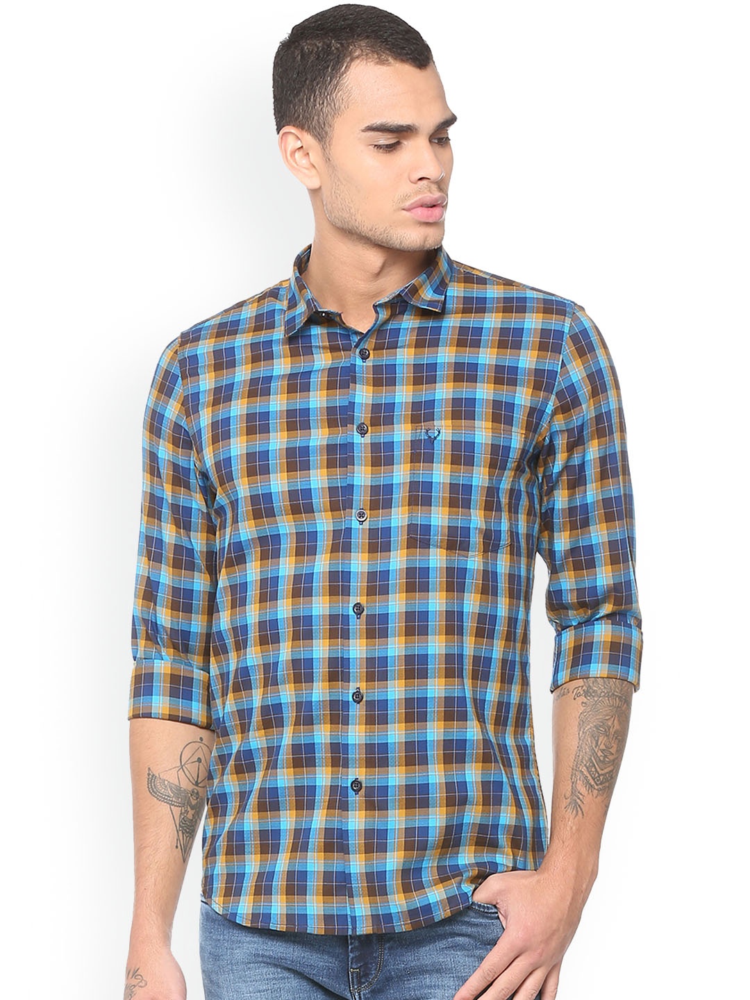 

Allen Solly Men Blue & Brown Slim Fit Checked Casual Shirt