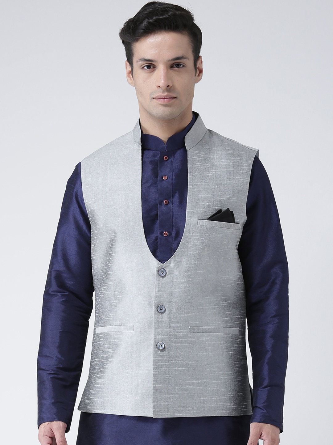 

DEYANN Men Silver-Coloured Solid Nehru Jacket