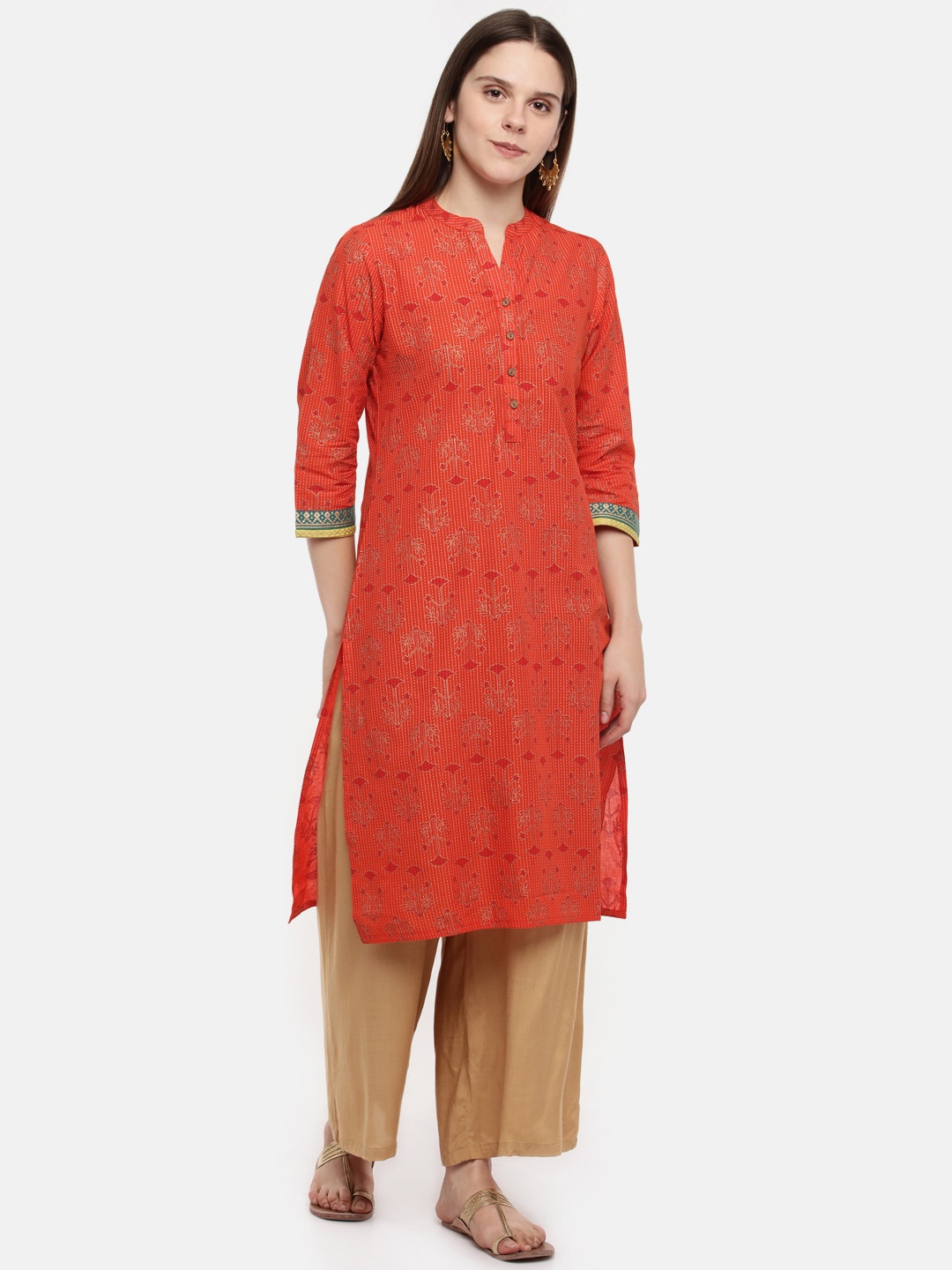 

RANGMANCH BY PANTALOONS Women Orange Printed Straight Kurta