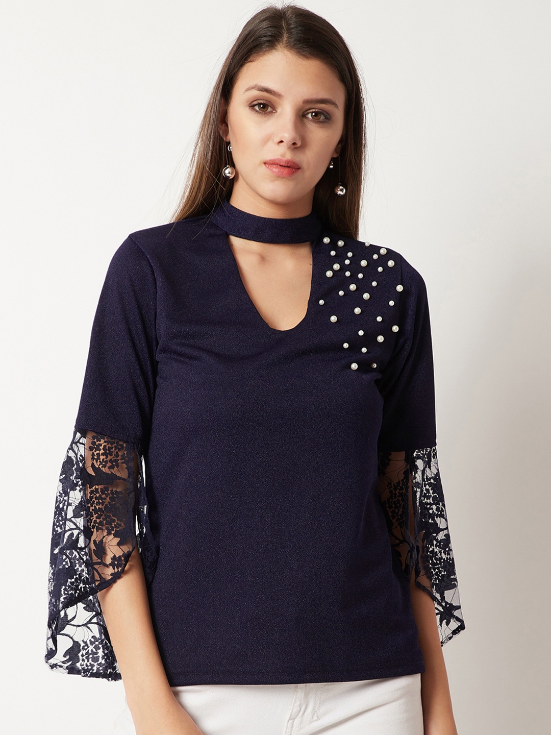 

Miss Chase Women Navy Blue Self Design Top