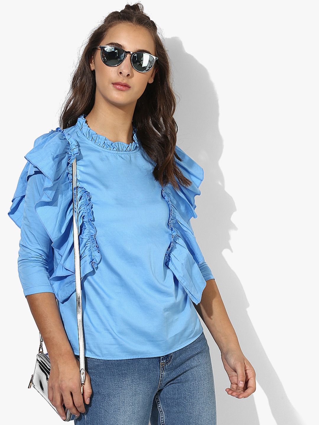 

EVAH LONDON Women Blue Solid Pure Cotton Top