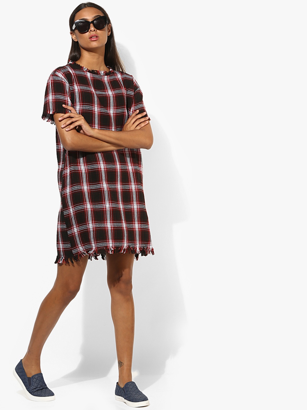 

EVAH LONDON Women Black & Rust Red Checked Shift Dress