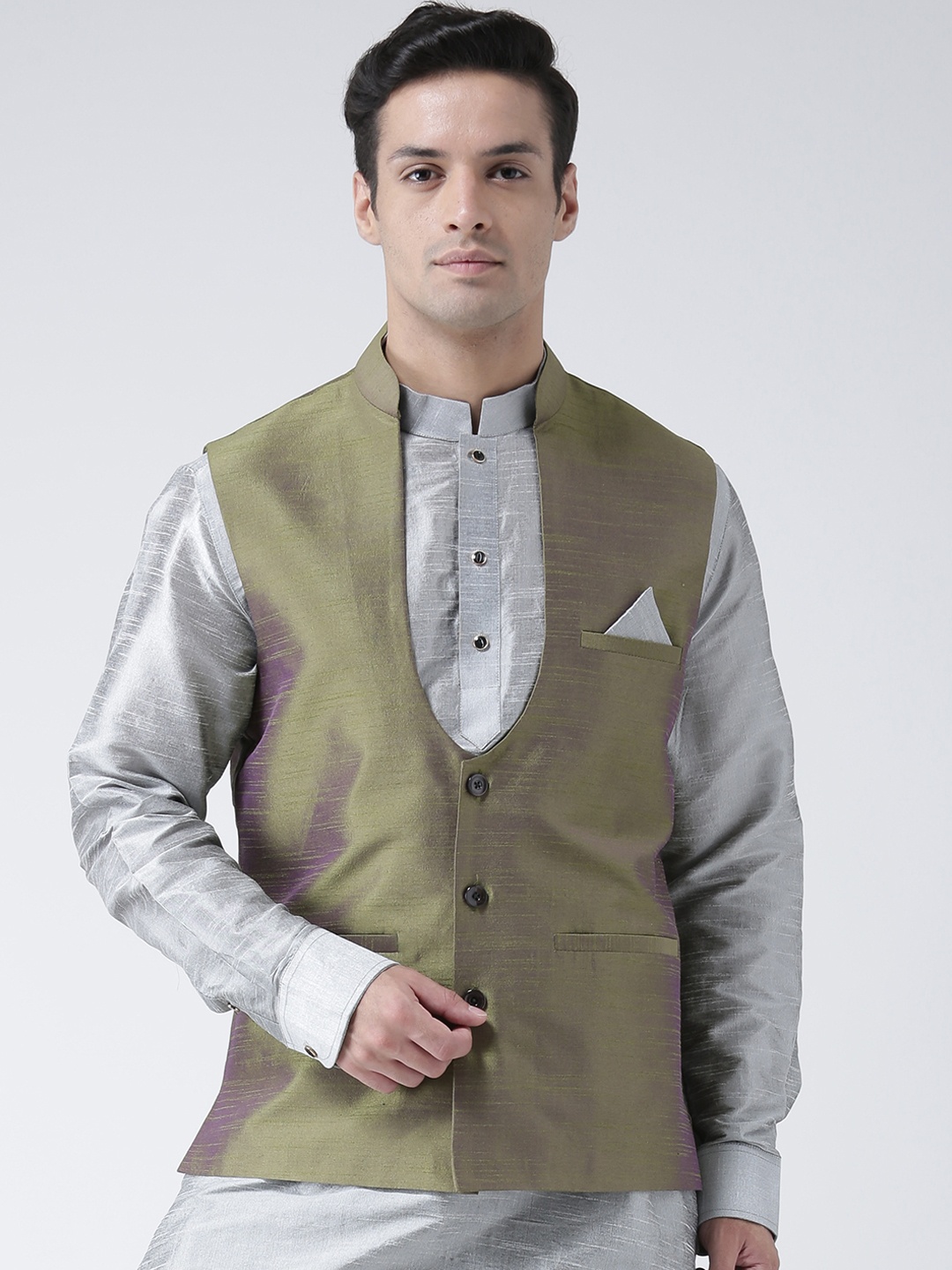 

DEYANN Men Olive Green Solid Nehru Jacket