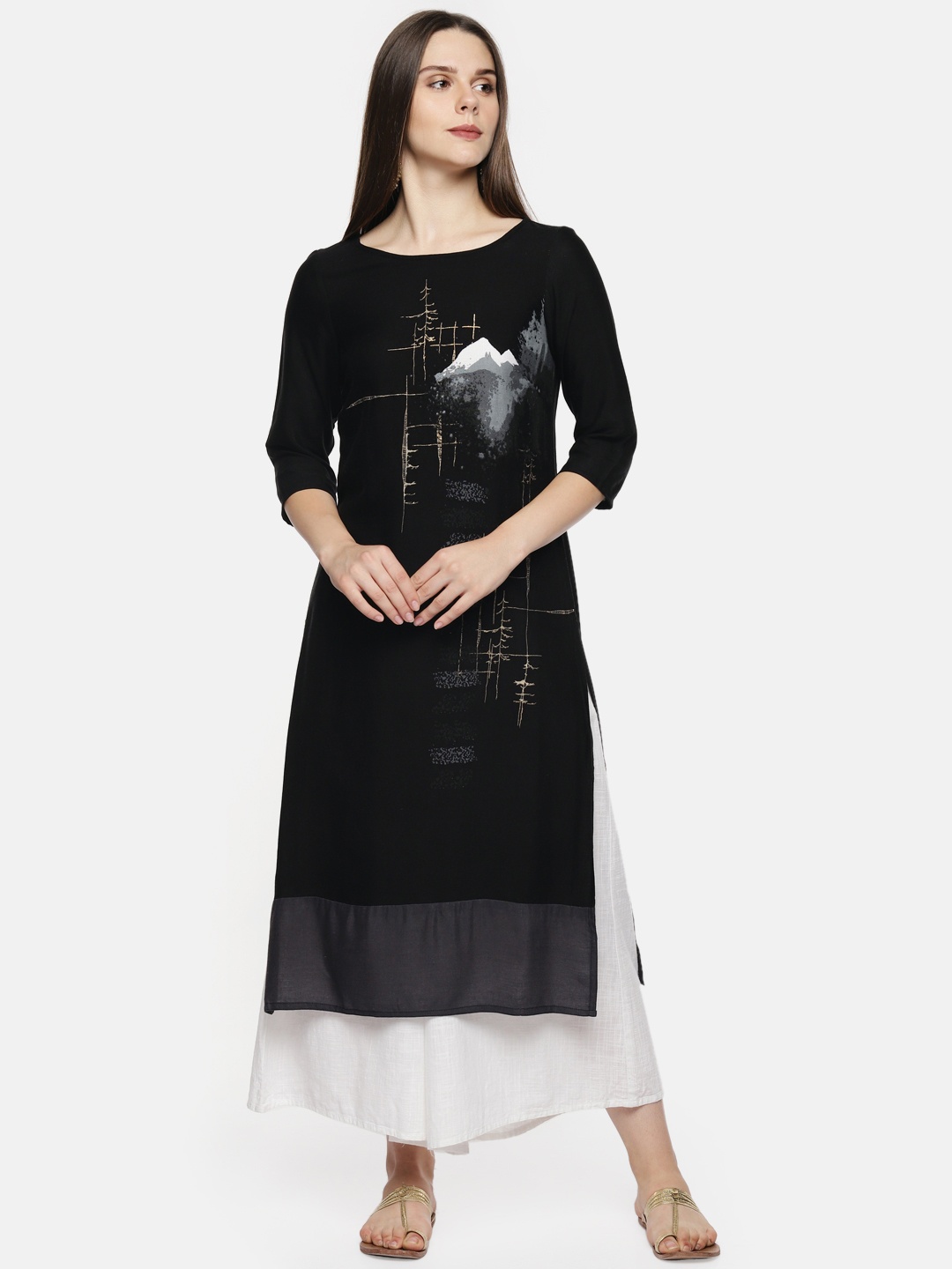 

RANGMANCH BY PANTALOONS Women Black Printed Straight Kurta