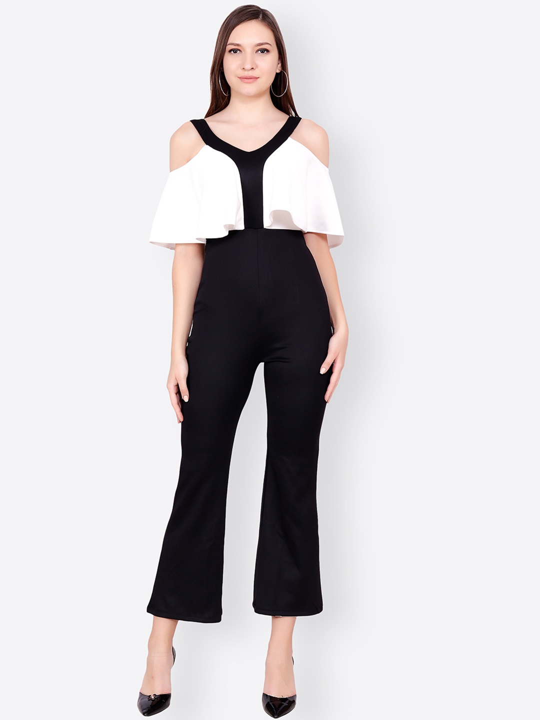 

SCORPIUS White & Black Colourblocked Cold-Shoulder Sleeves Capri Jumpsuit