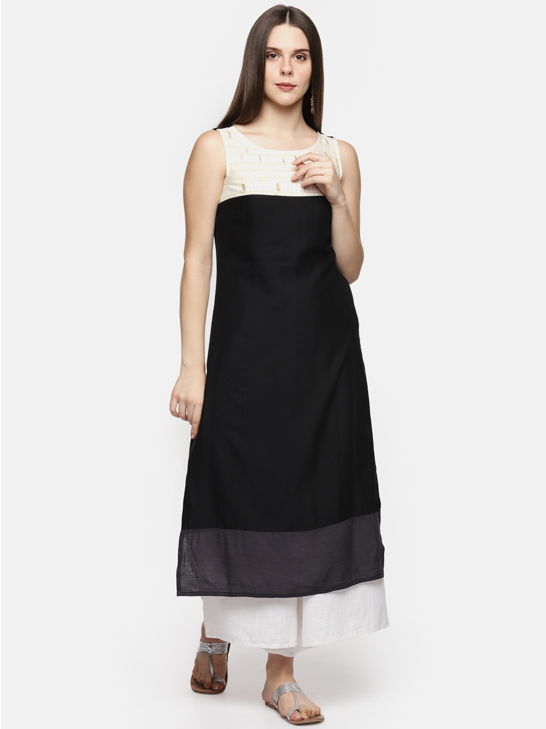 

RANGMANCH BY PANTALOONS Women Black Yoke Design A-Line Kurta
