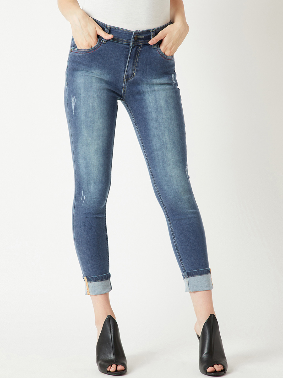 

Miss Chase Women Blue Skinny Fit High-Rise Low Distress Jeans