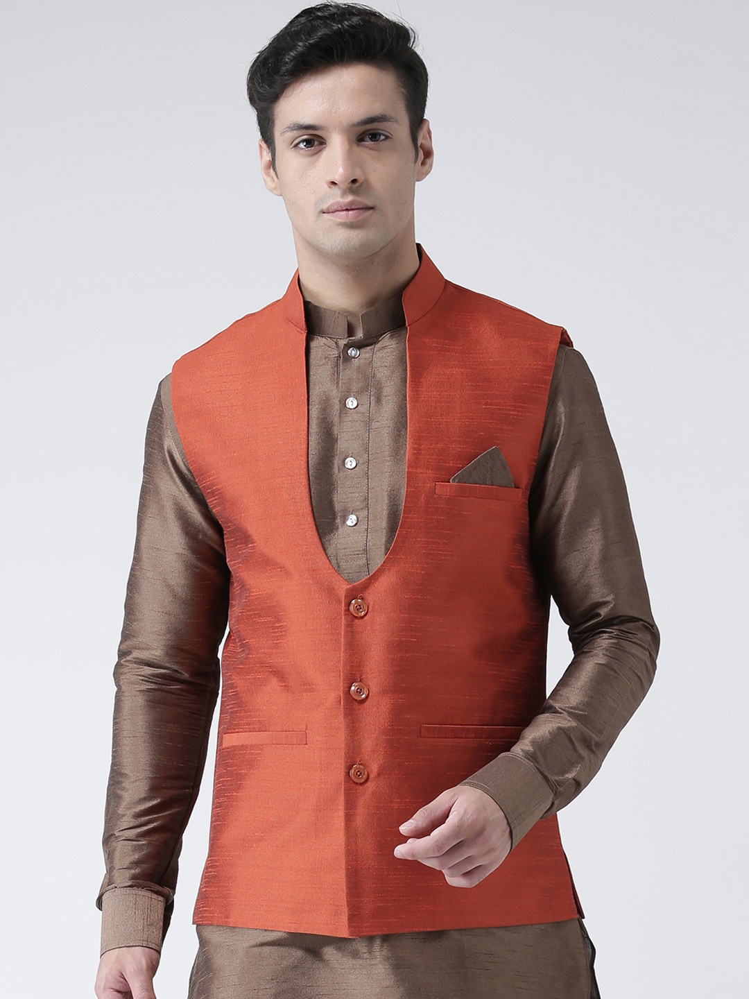 DEYANN Men Orange Woven Nehru Jacket