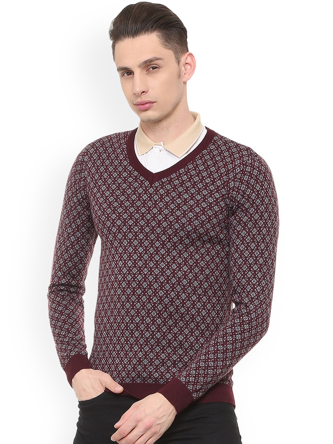 

Van Heusen Men Maroon & Grey Self Design Pullover
