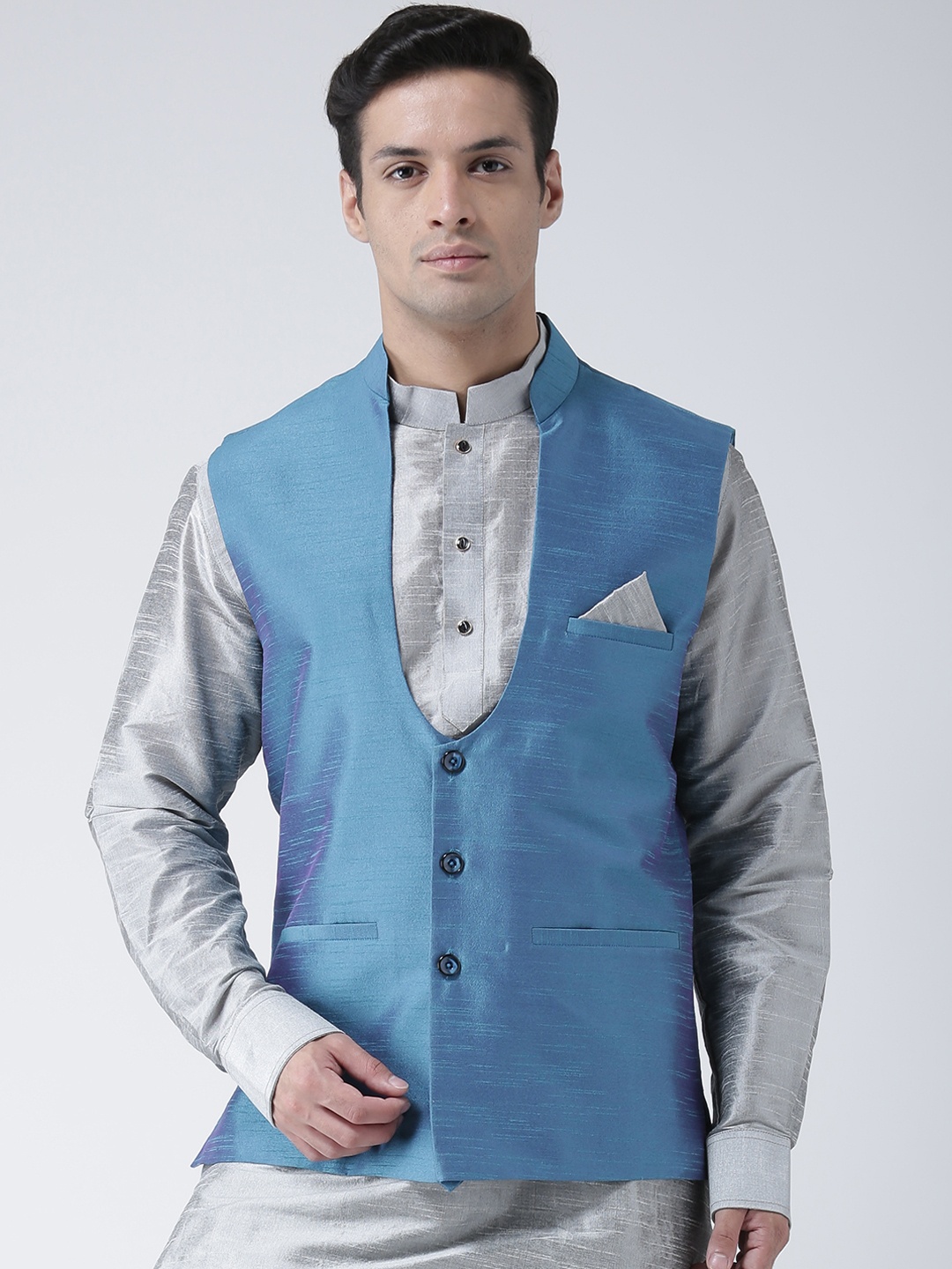 

DEYANN Men Blue Solid Nehru Jacket