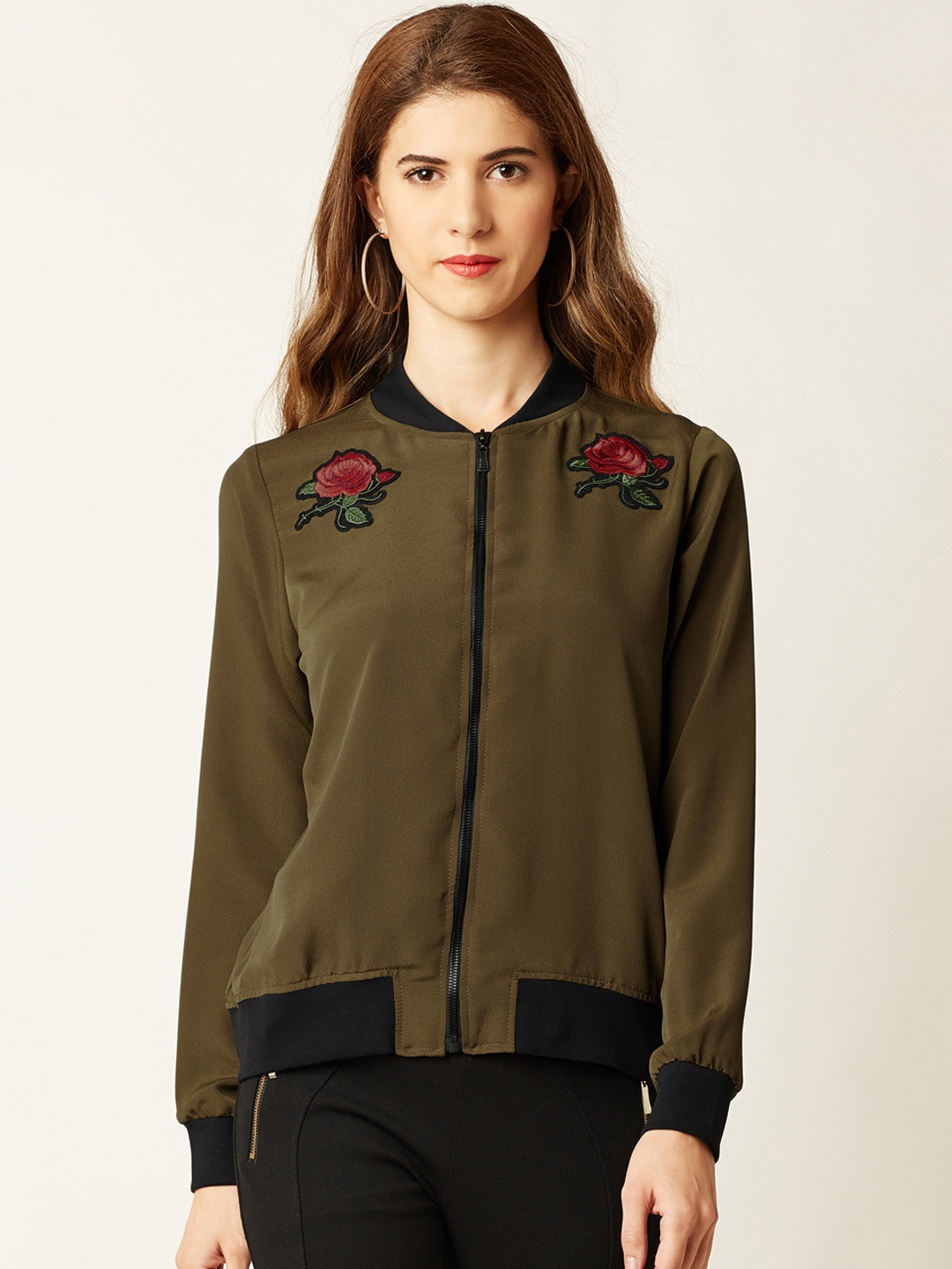 

Miss Chase Women Olive Green Solid Lightweight Bomber