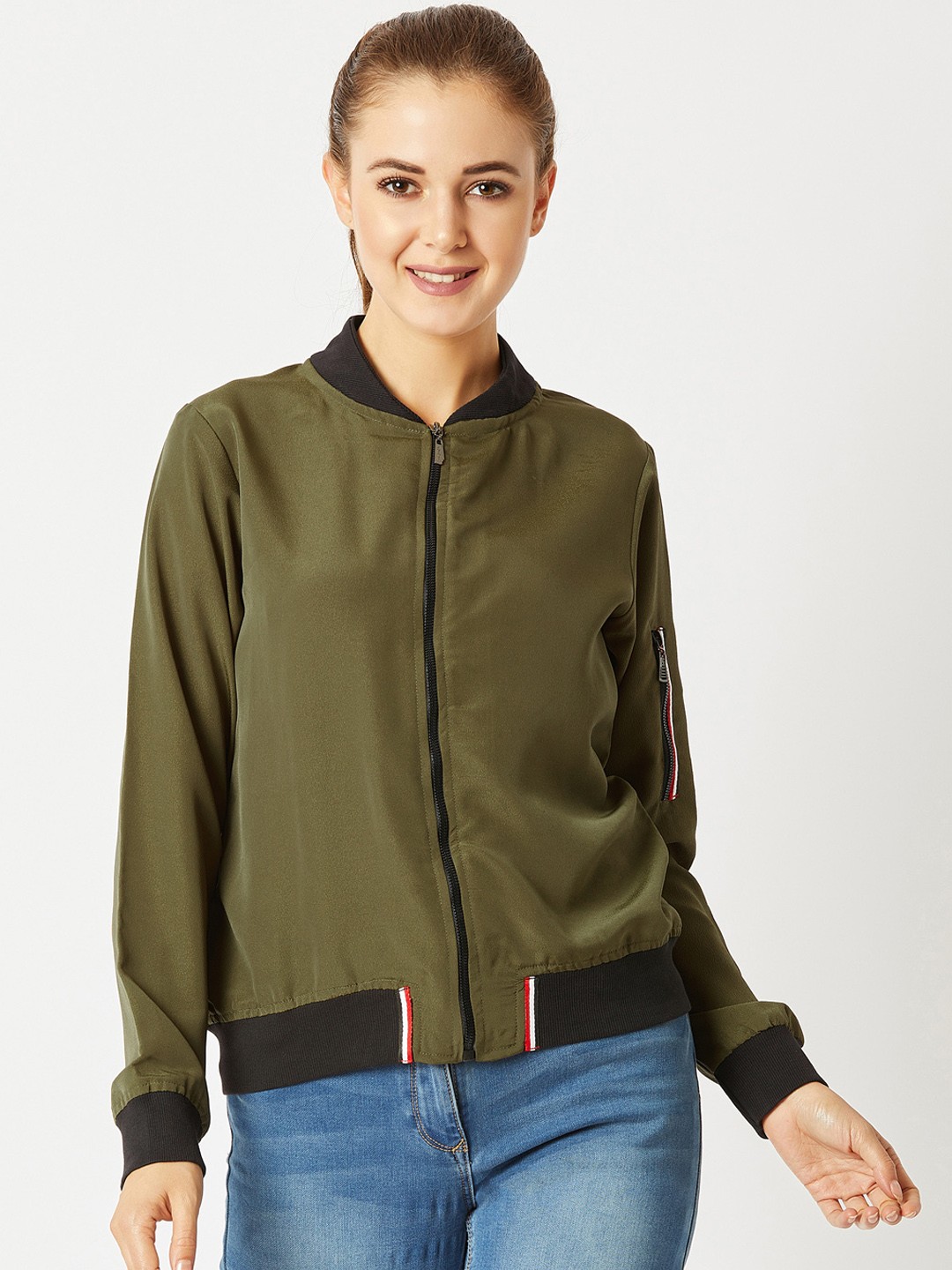 

Miss Chase Women Olive Green Solid Lightweight Bomber