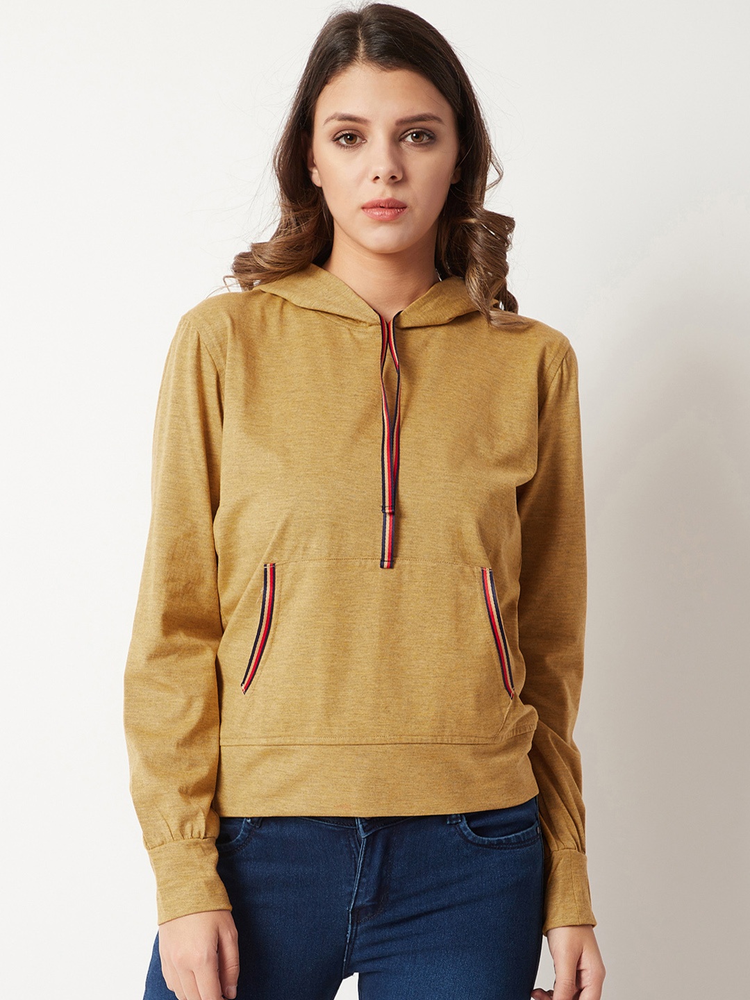 

Miss Chase Women Mustard Yellow Solid Hooded Sweatshirt