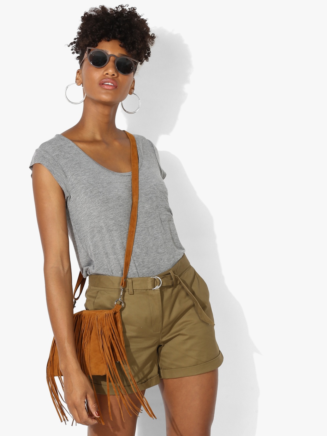 

MANGO Women Grey Melange Solid Pure Cotton T-shirt