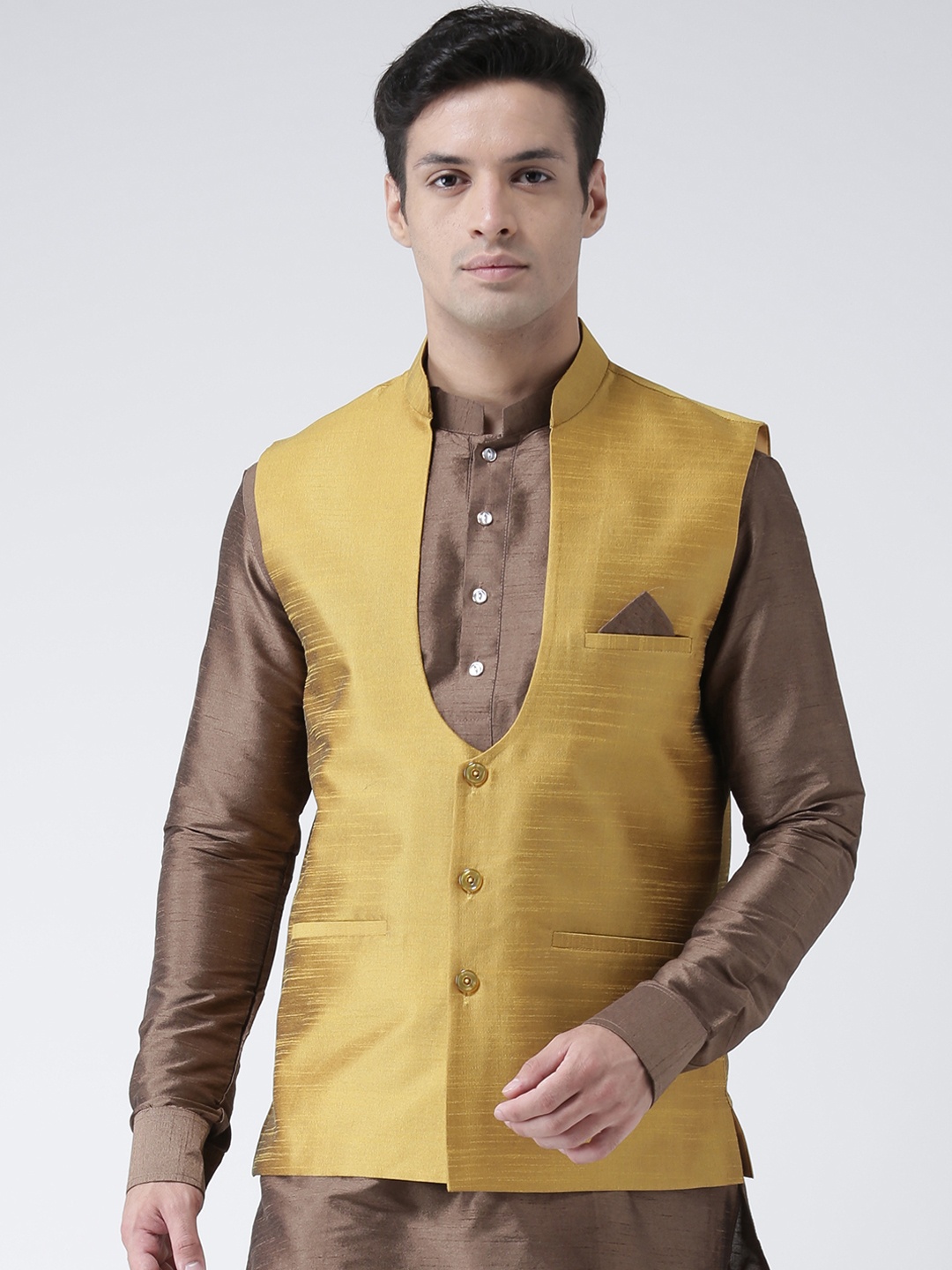

DEYANN Men Mustard Yellow Solid Nehru Jacket