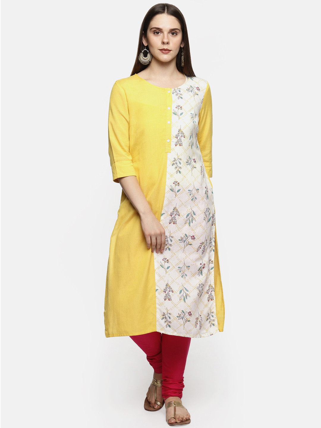 

RANGMANCH BY PANTALOONS Women Off-White & Yellow Printed Straight Kurta