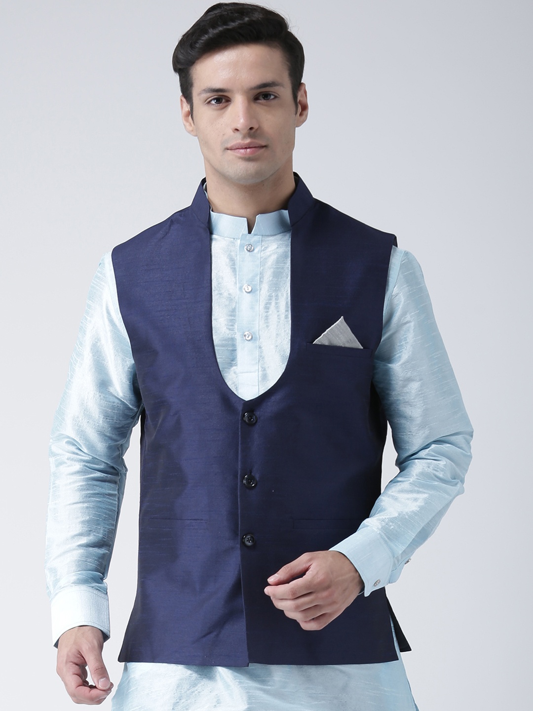 

DEYANN Men Navy Blue Solid Nehru Jacket