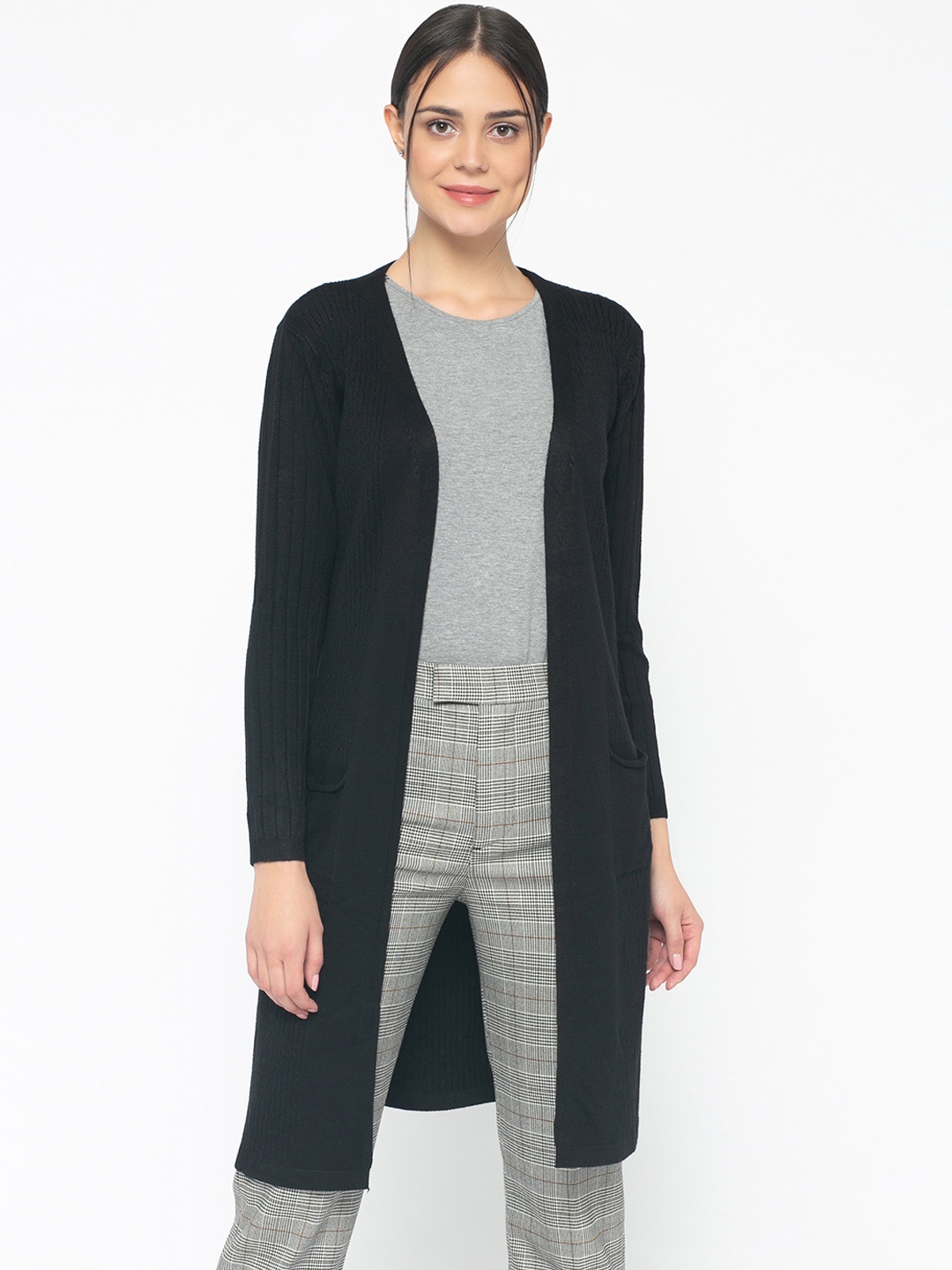 Gipsy Women Black Solid Open Front Longline Shrug