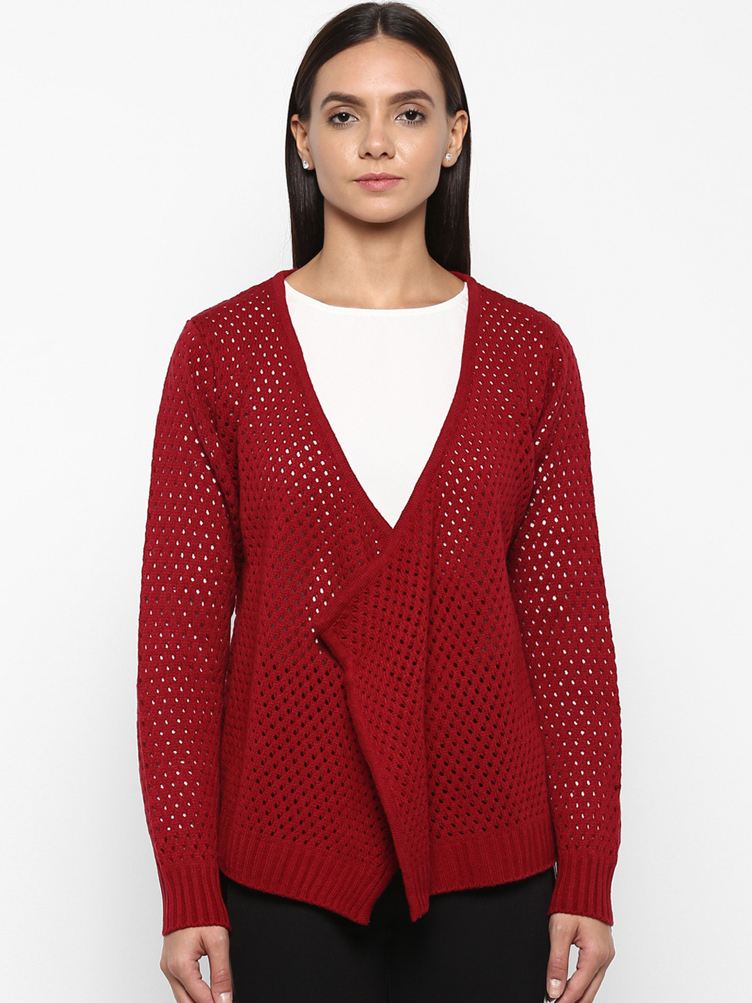 

Park Avenue Women Red Self Design Front-Open Sweater