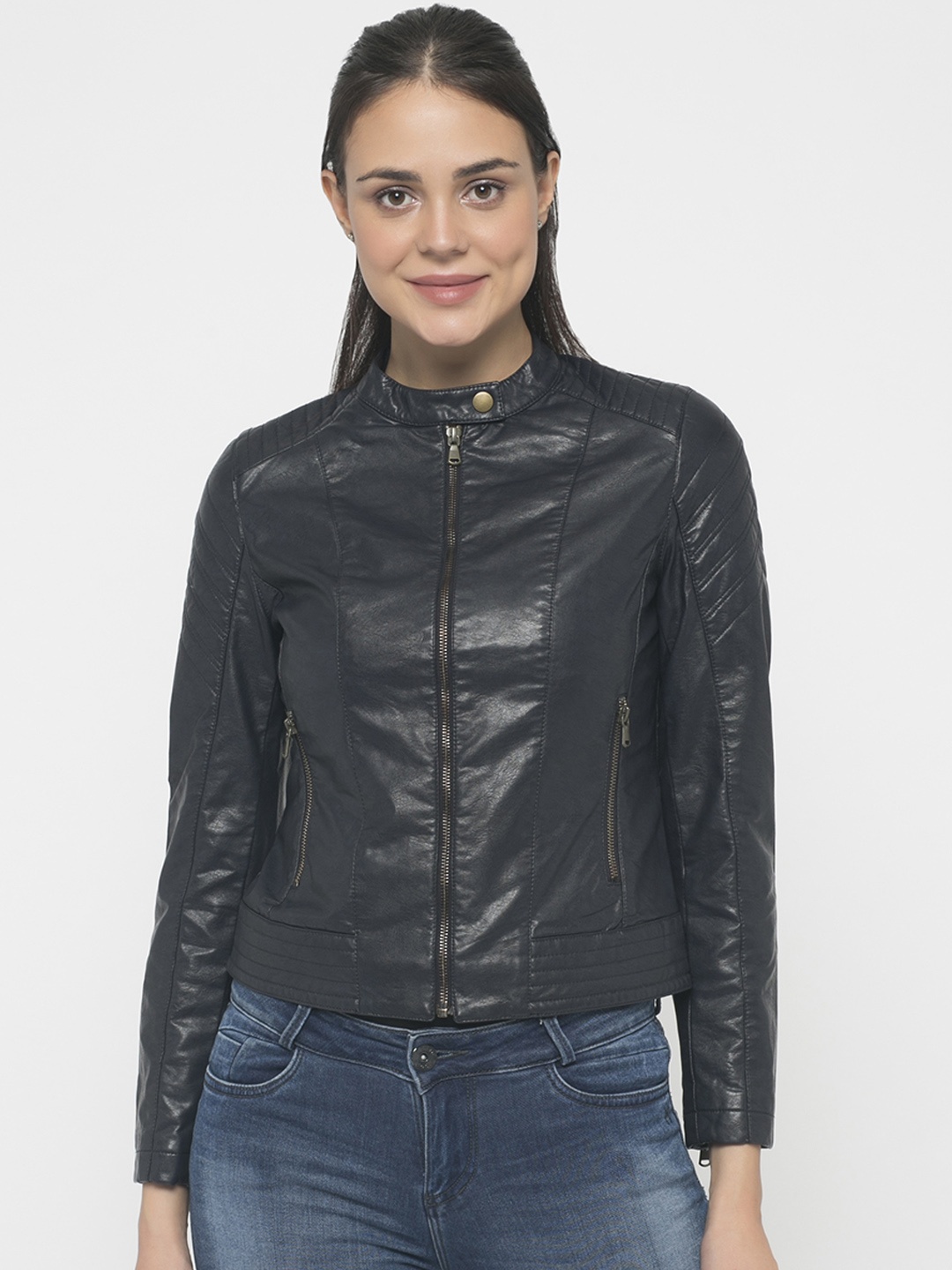 

Gipsy Women Navy Blue Solid Biker Jacket