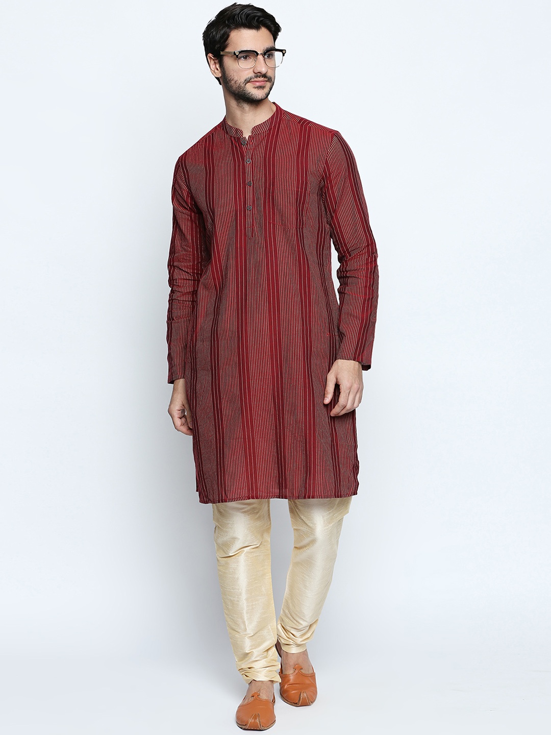 

indus route by Pantaloons Men Maroon Striped Straight Kurta