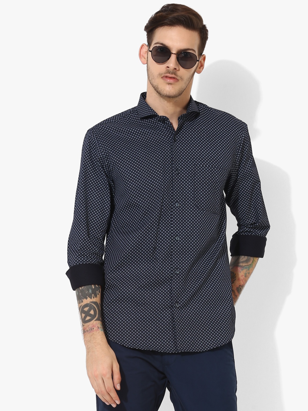 

Navy Blue Printed Slim Fit Casual Shirt