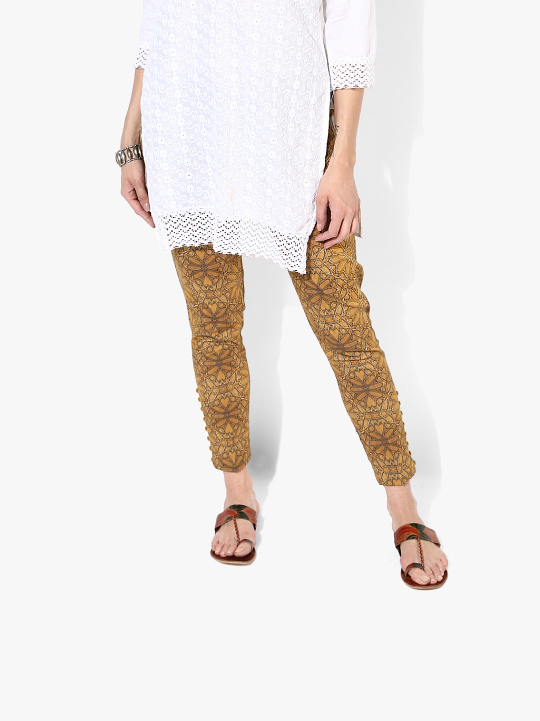 

Mustard Yellow Printed Slim Fit Coloured Pant