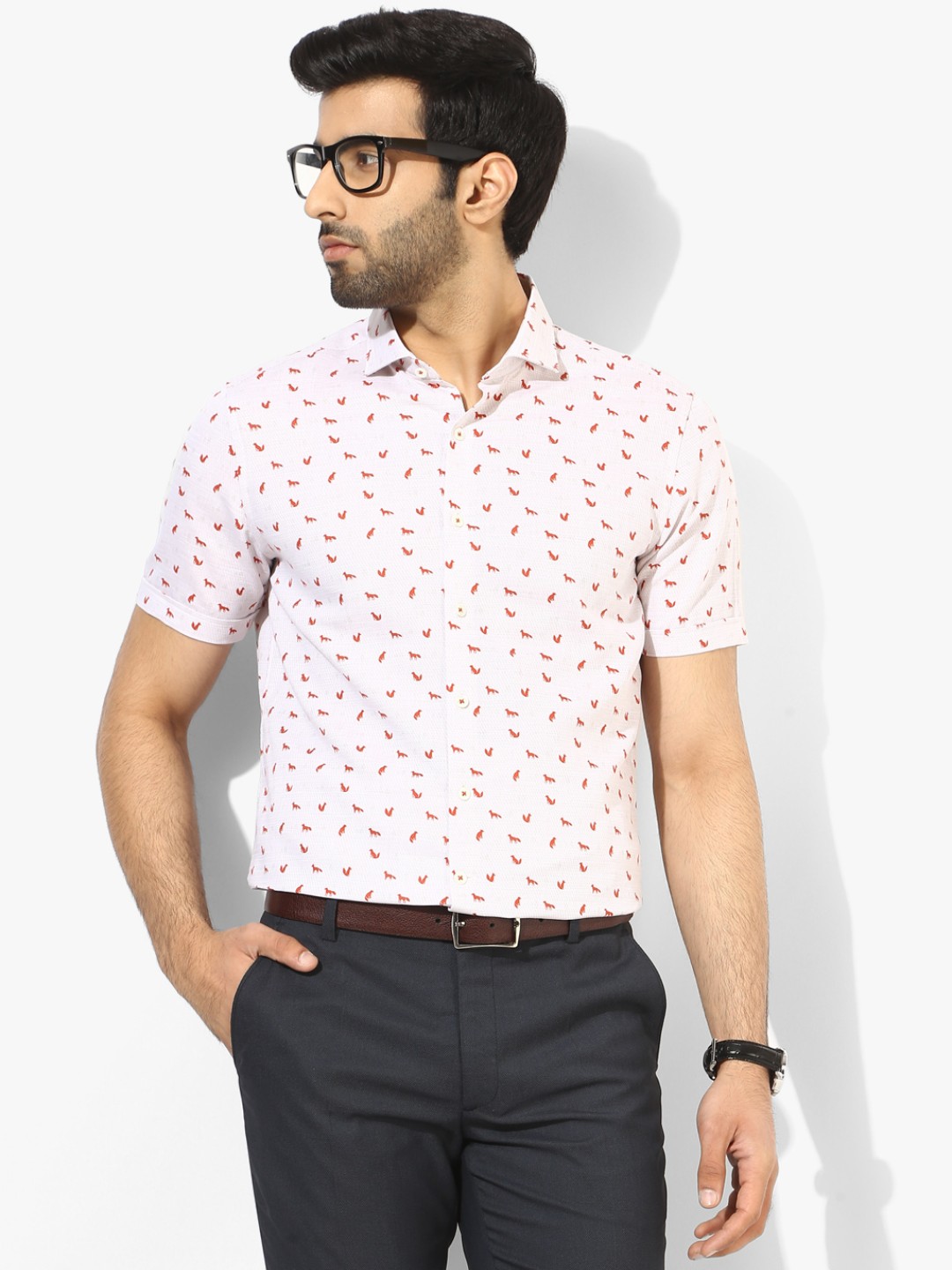 White Printed Slim Fit Formal Shirt
