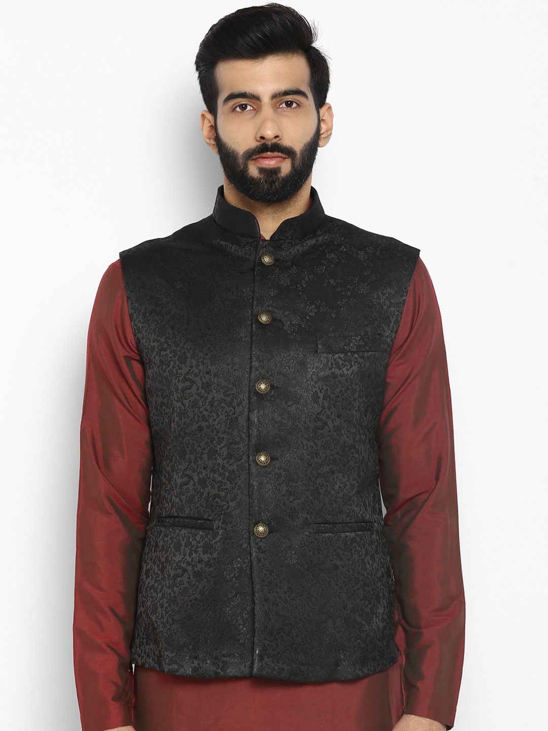 

ethnix Men Black Woven Design Nehru Jacket