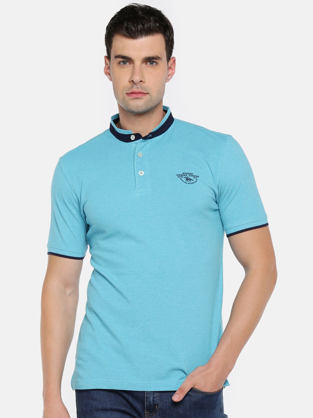

BYFORD by Pantaloons Men Blue Solid Mandarin Collar Pure Cotton T-shirt