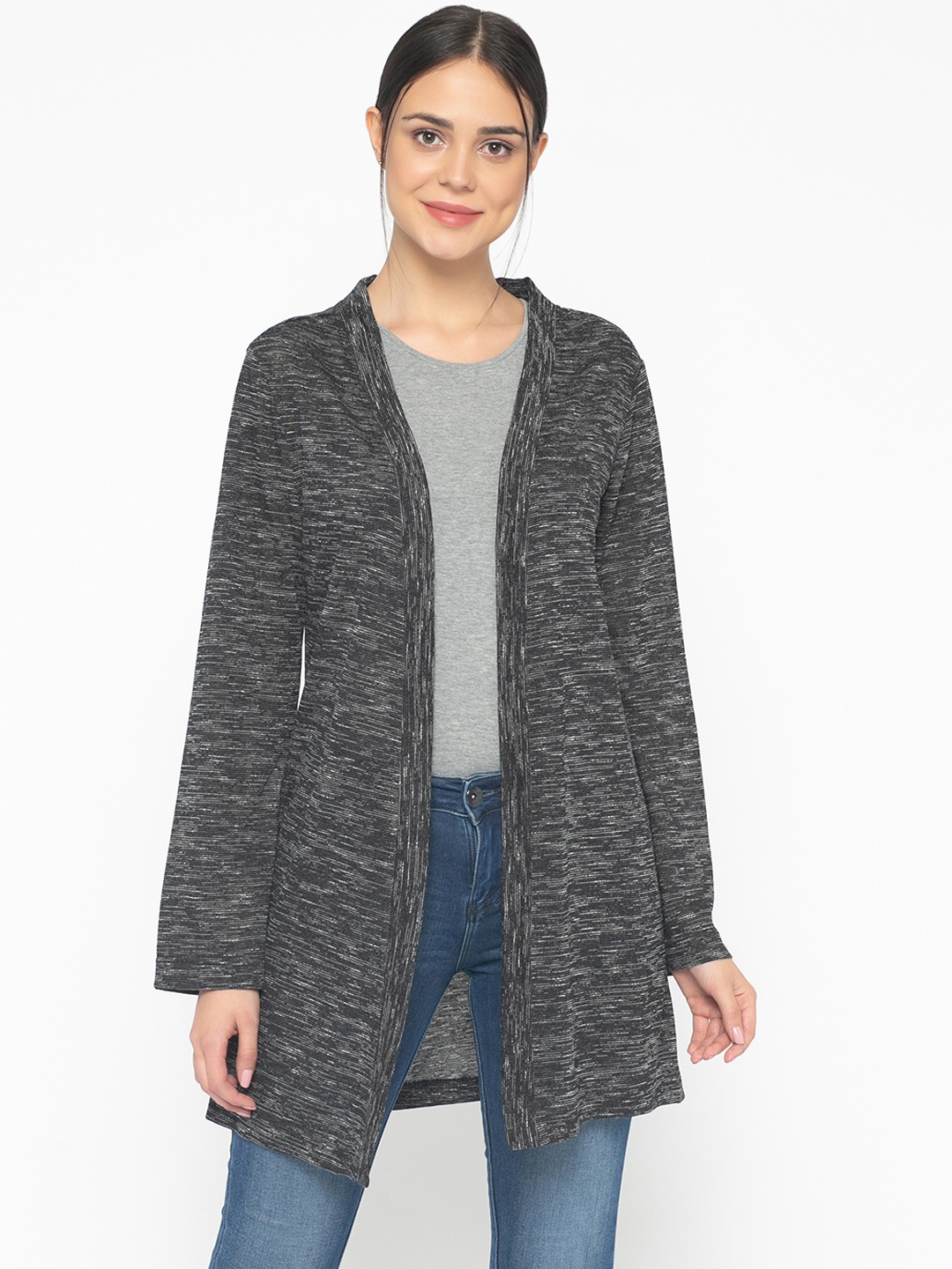 

Gipsy Women Grey Melange Solid Open Front Longline Shrug