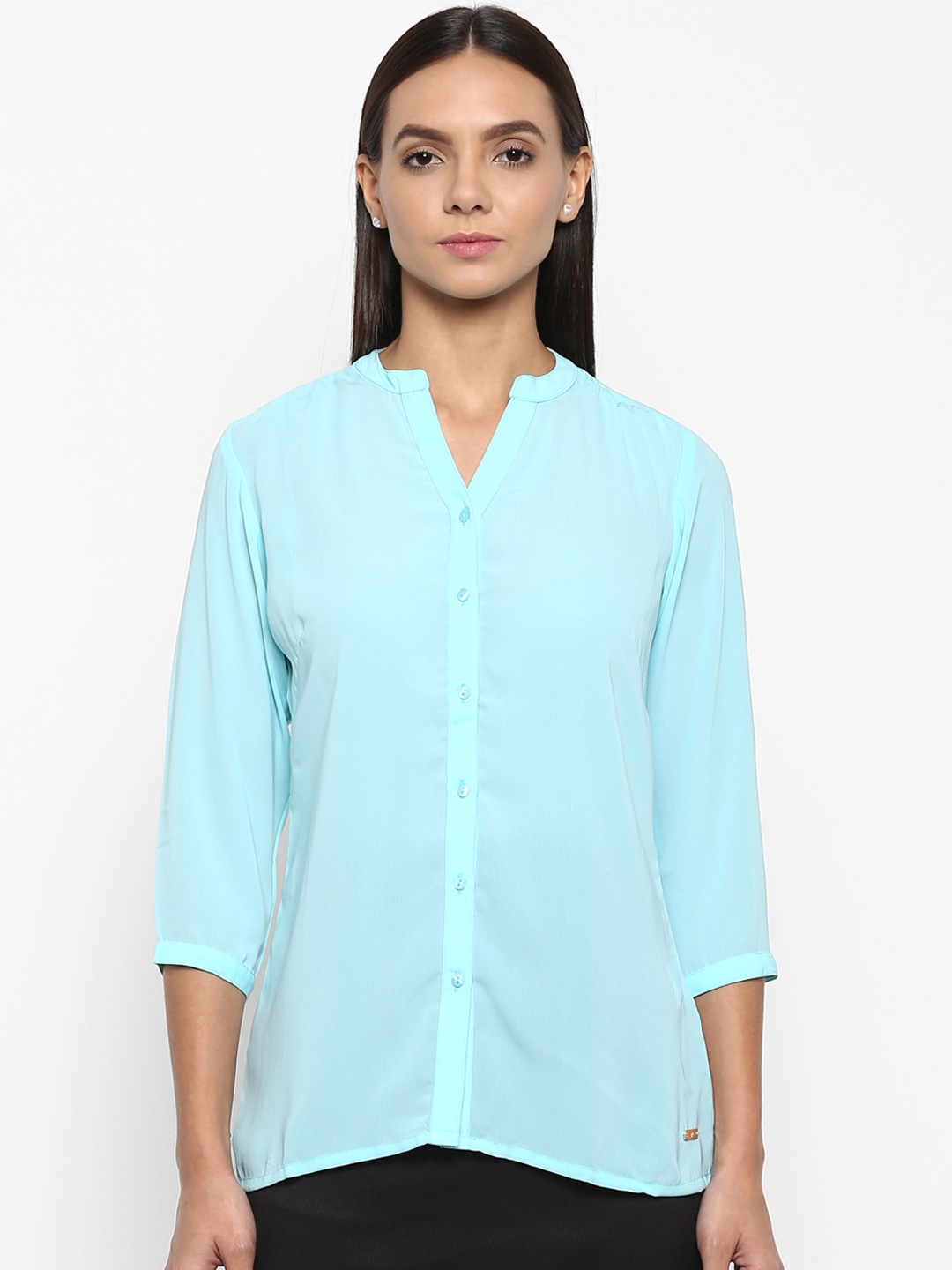 Park Avenue Women Turquoise Blue Solid Shirt Style Top