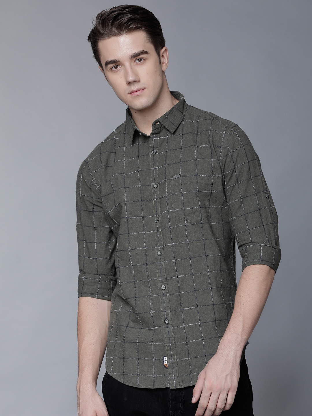 

LOCOMOTIVE Men Olive Green Slim Fit Checked Casual Shirt