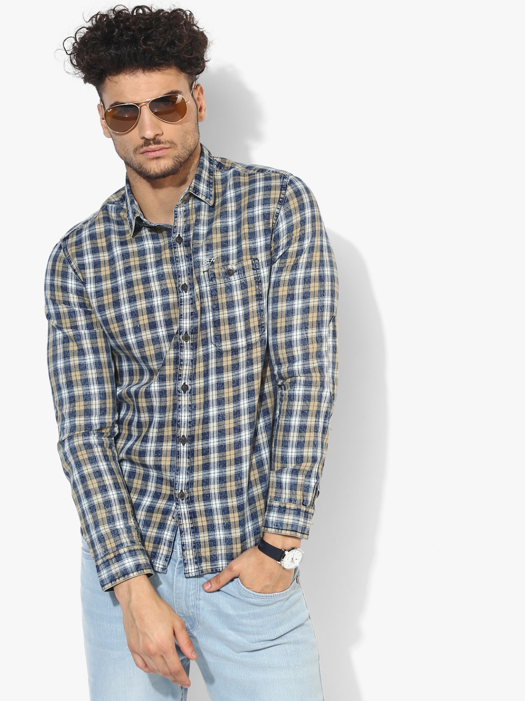 

Navy Blue Checked Slim Fit Casual Shirt