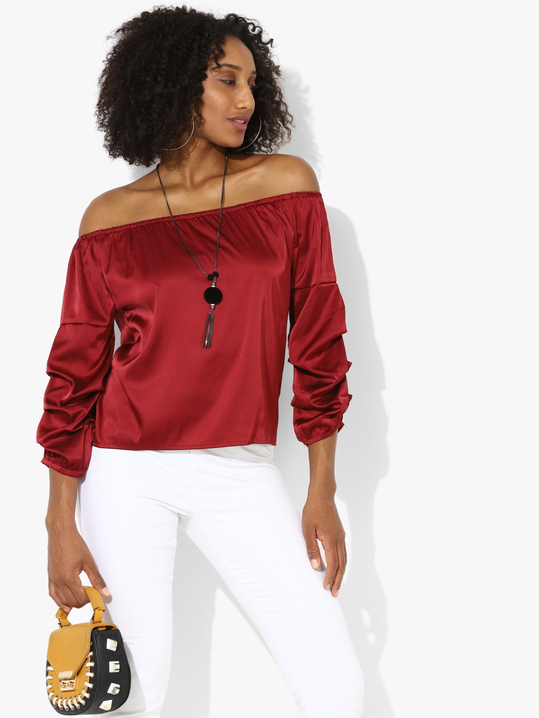 

Deal Jeans Off-Shoulder Satin Finish Bardot Top, Maroon
