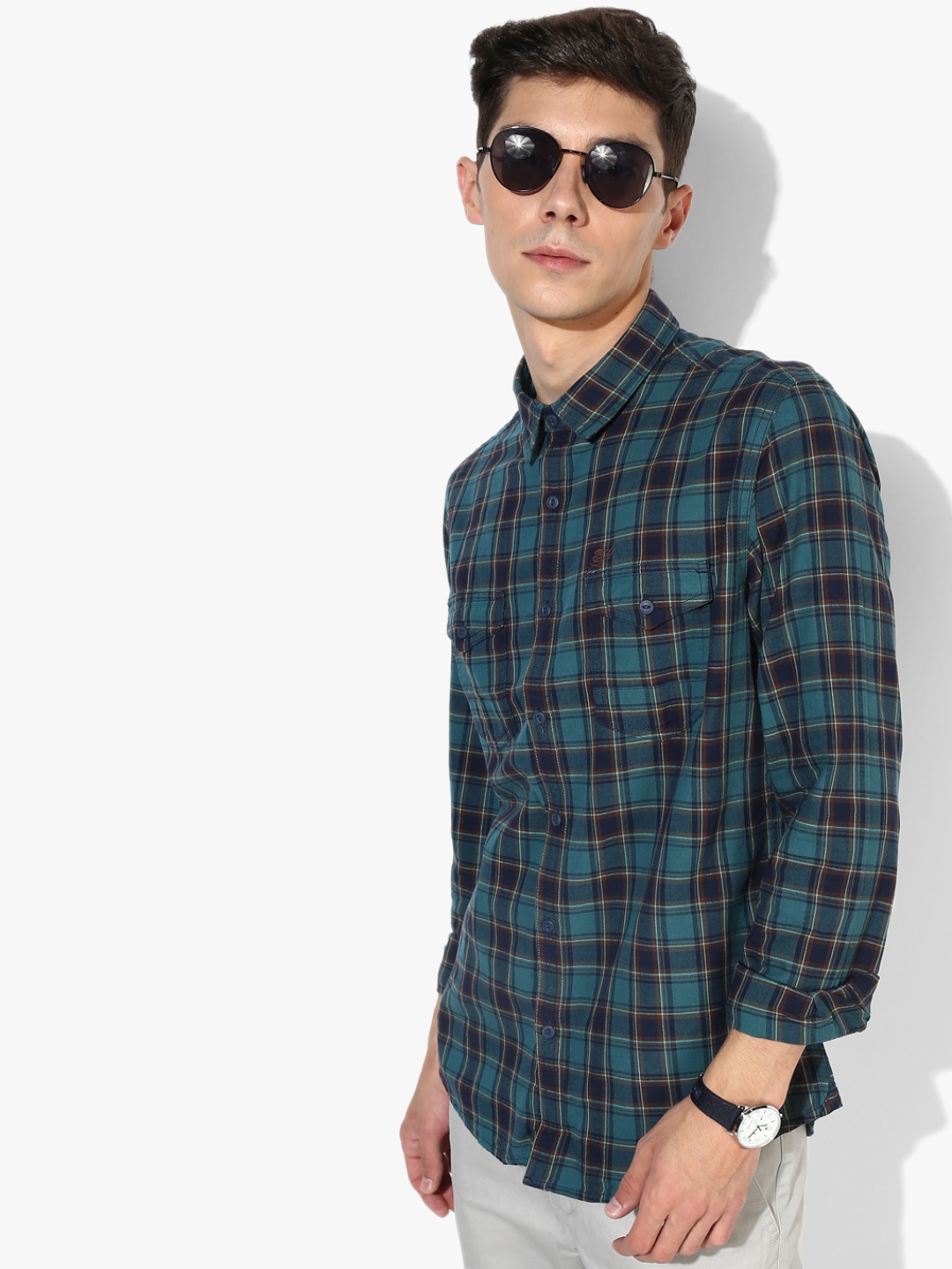 

Teal Checked Slim Fit Casual Shirt