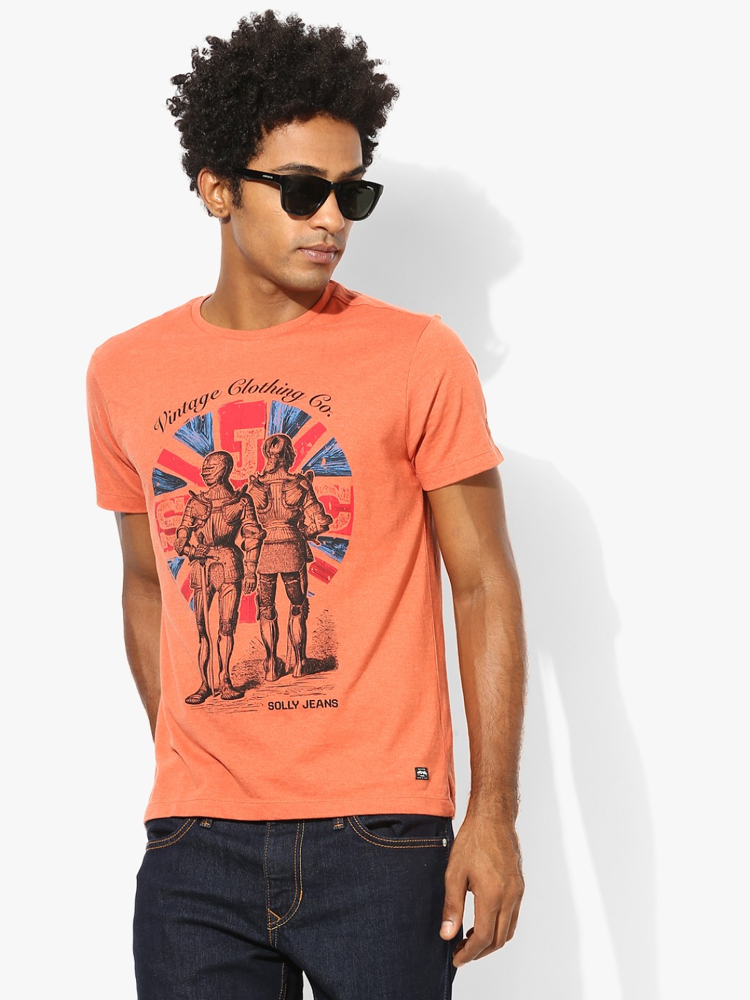 Orange Printed Slim Fit Round Neck T-Shirt