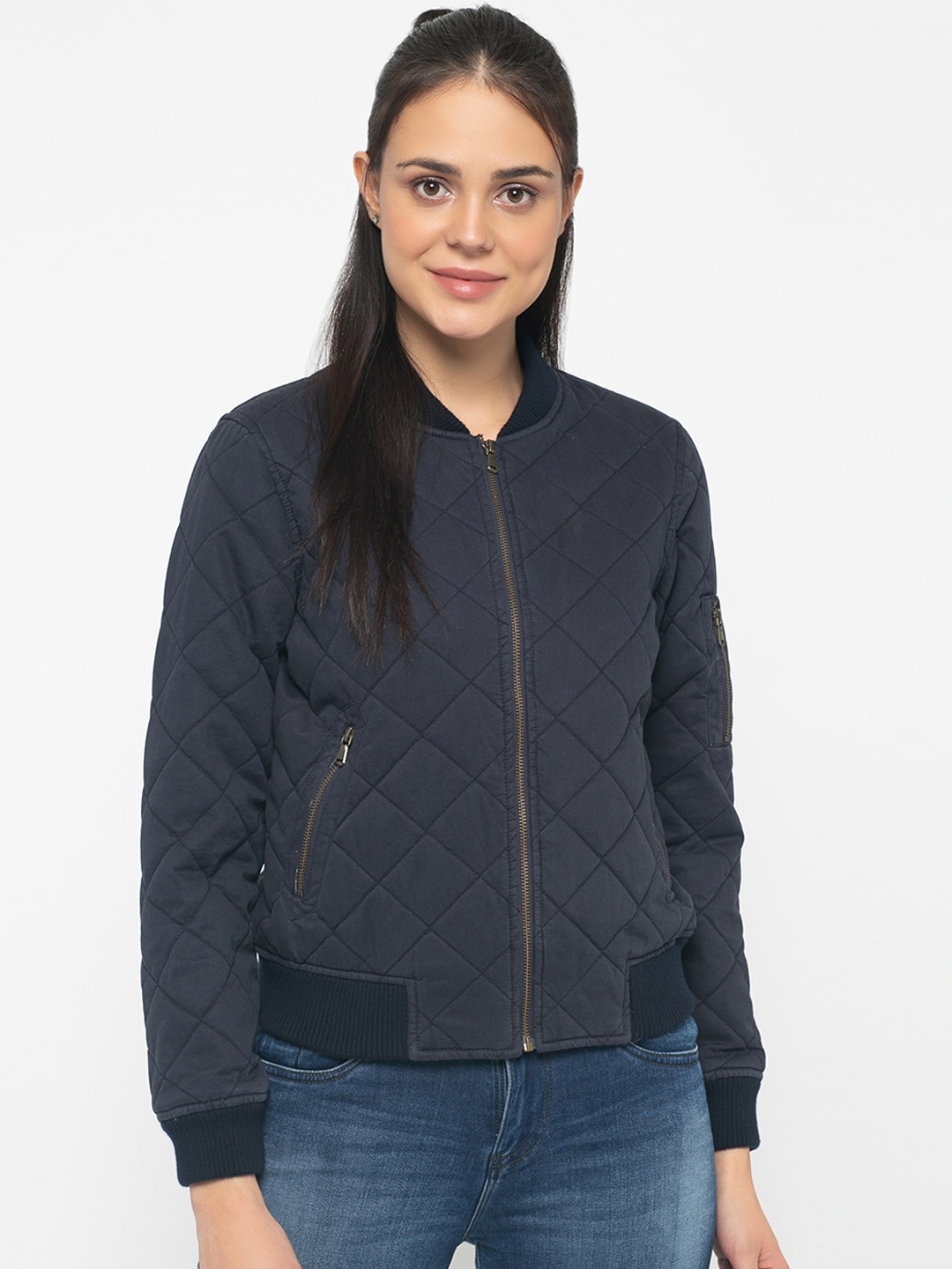 

Gipsy Women Navy Blue Solid Quilted Jacket