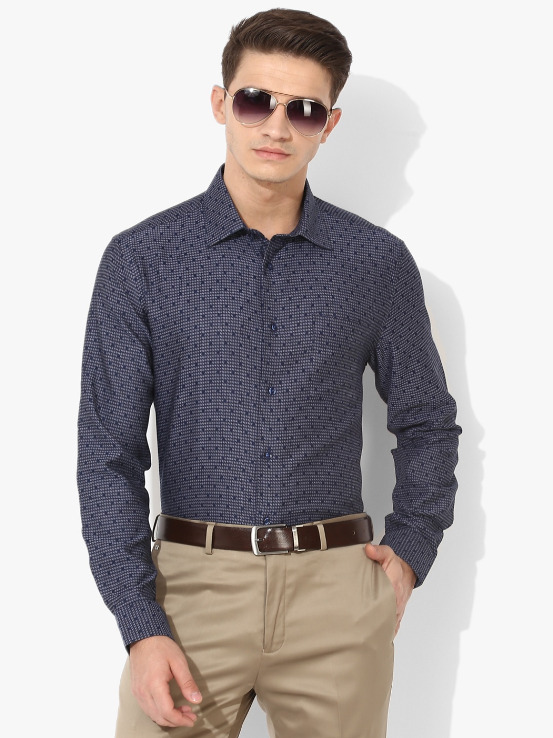 

Navy Blue Self Design Slim Fit Formal Shirt