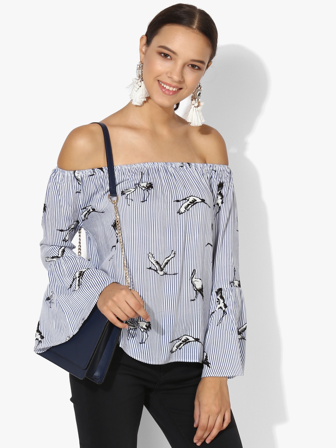 

Deal Jeans Striped Printed Off-Shoulder Bardot Top, Blue