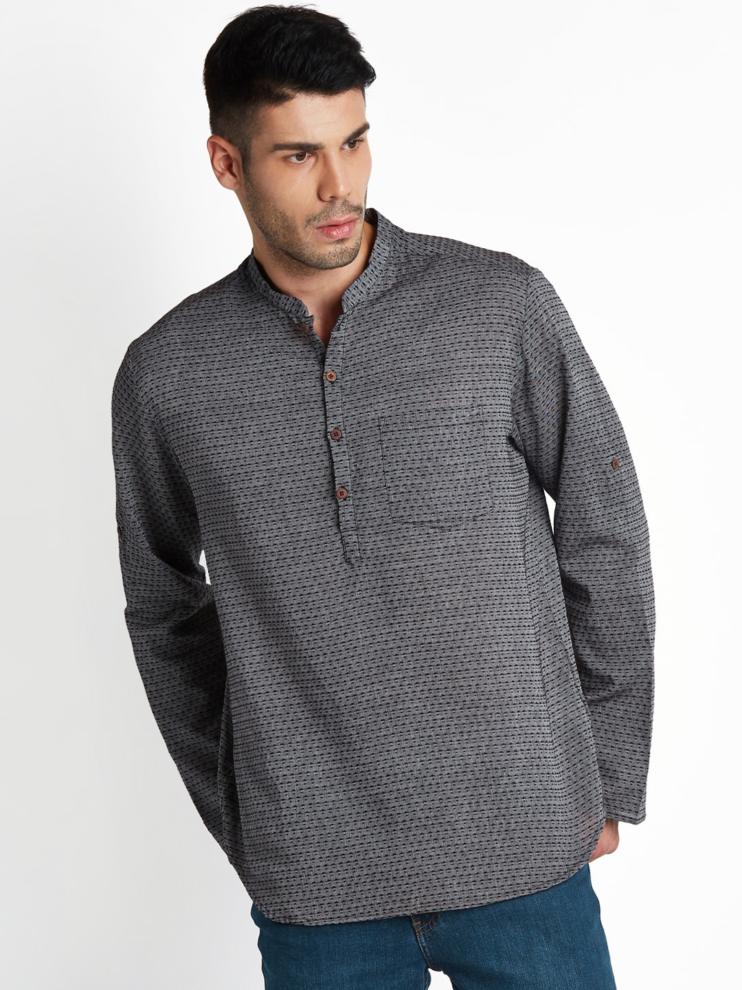 

indus route by Pantaloons Men Grey Woven Design Straight Kurta