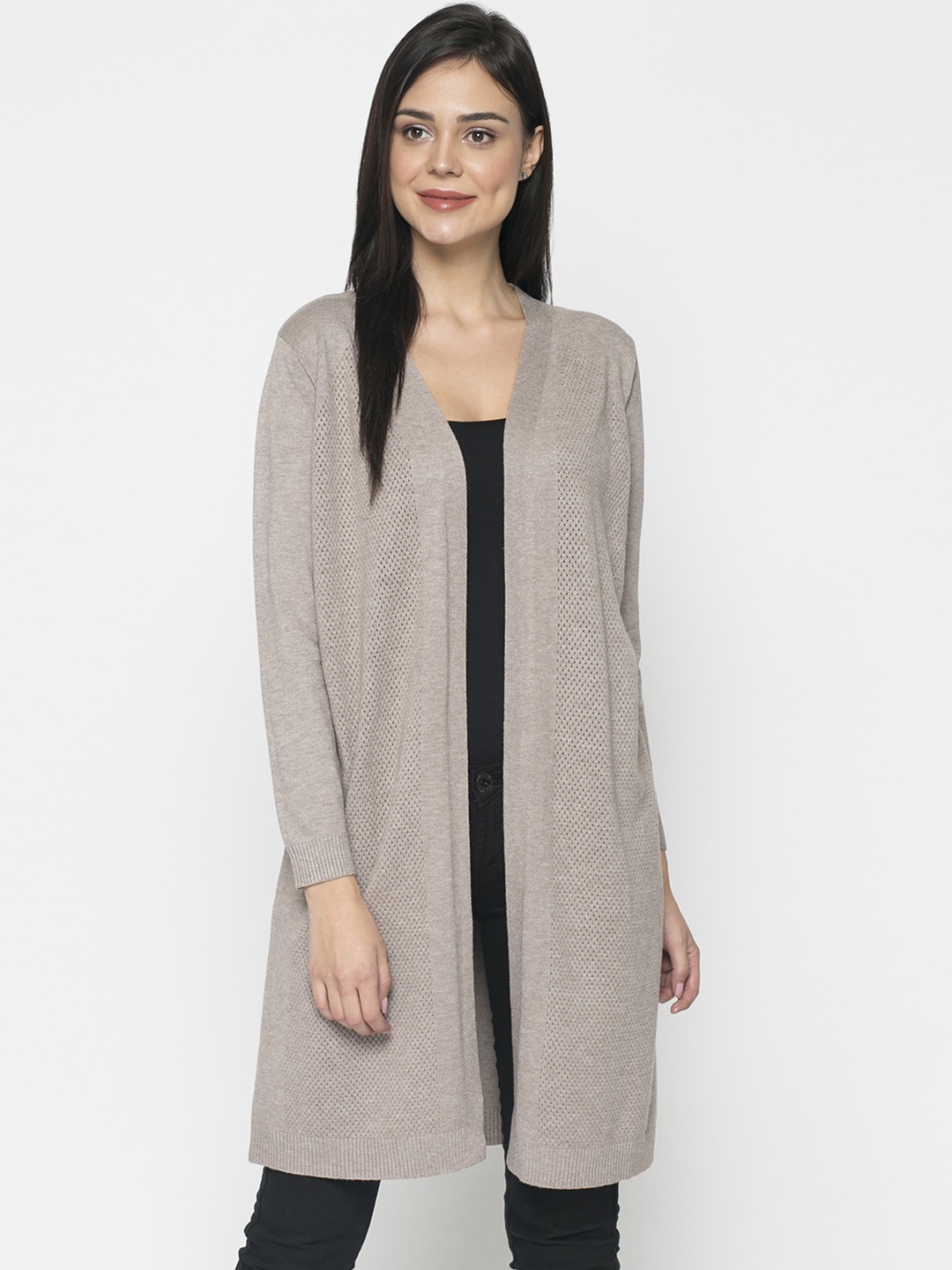 Gipsy Women Grey Self Design Open Front Longline Shrug