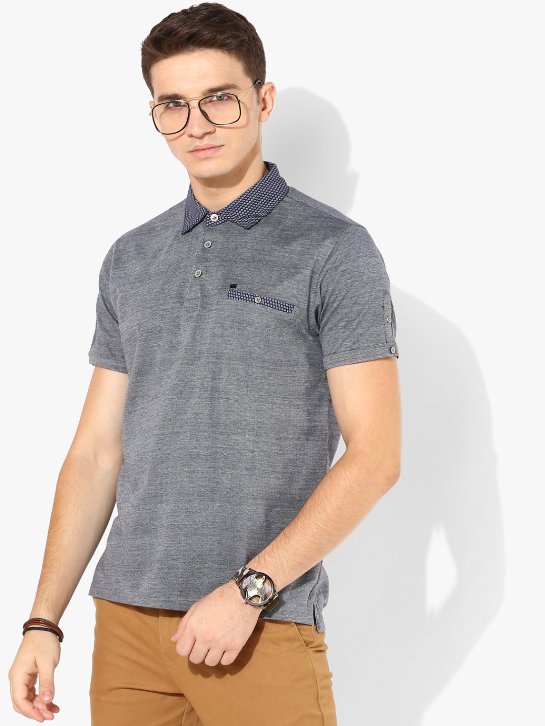 

Grey Self Design Slim Fit Polo T-Shirt
