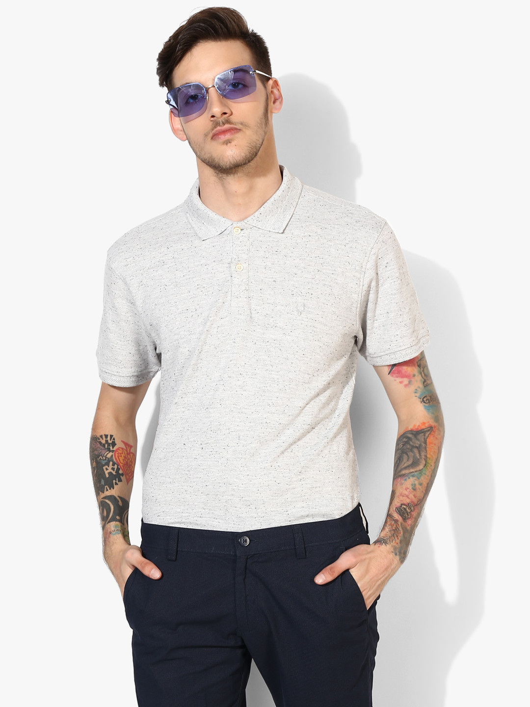 

Allen Solly Men Grey Melange Solid Polo Collar T-shirt